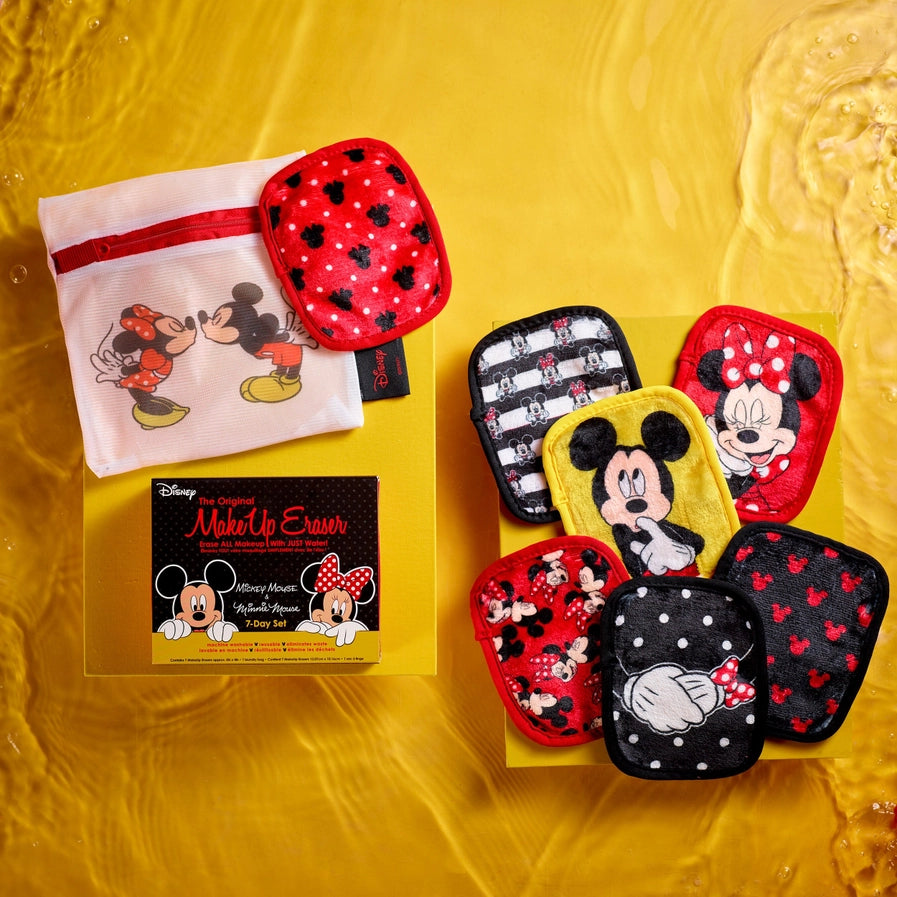 Coffret Mickey - Minnie – 7 Lingettes Démaquillantes Réutilisables + Filet de Lavage / MakeUp Eraser