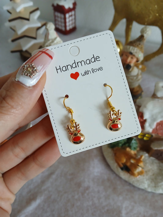 Boucles d'oreilles Tête Renne nez rouge - Fait main