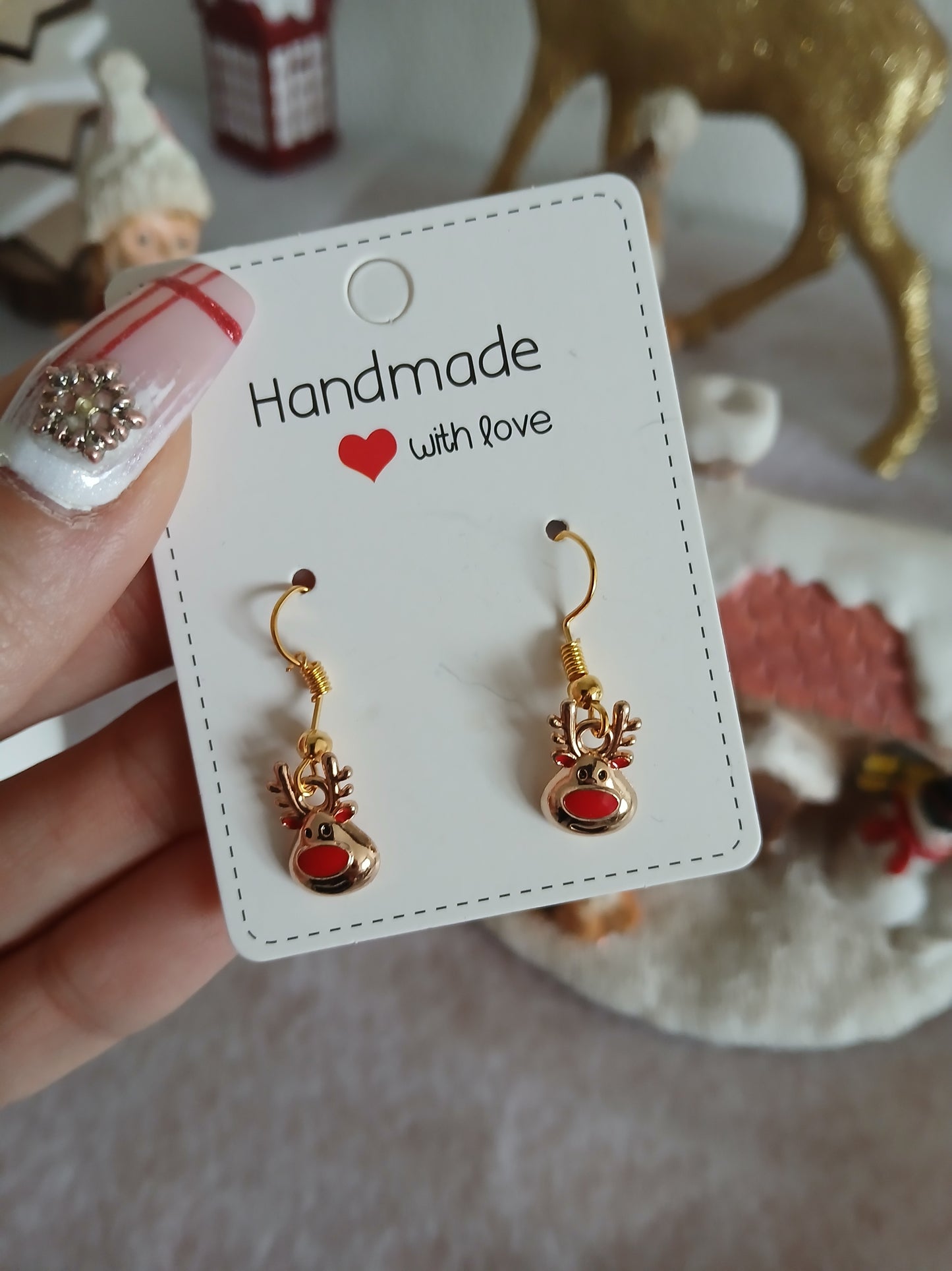 Boucles d'oreilles Tête Renne nez rouge - Fait main