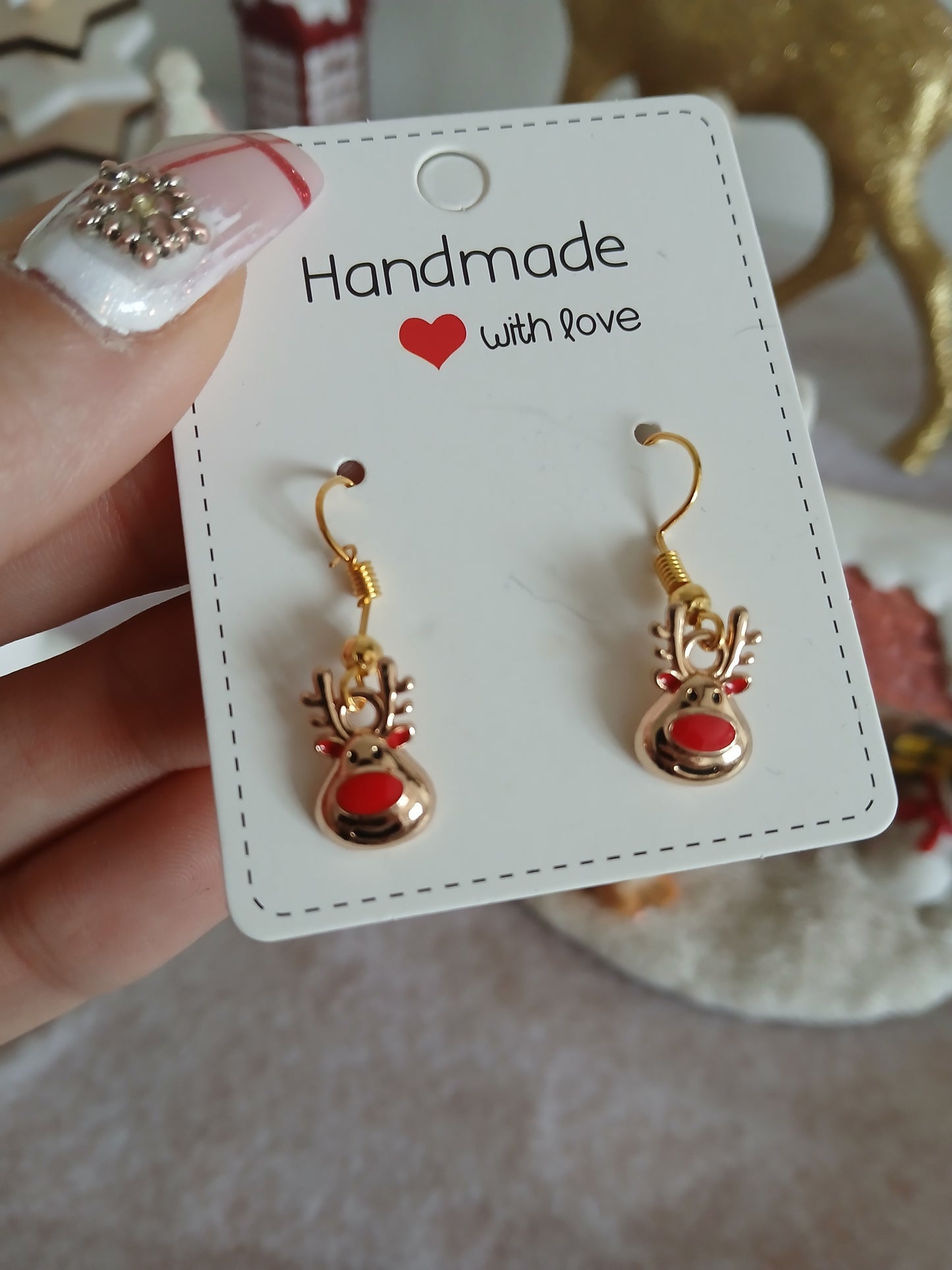 Boucles d'oreilles Tête Renne nez rouge - Fait main