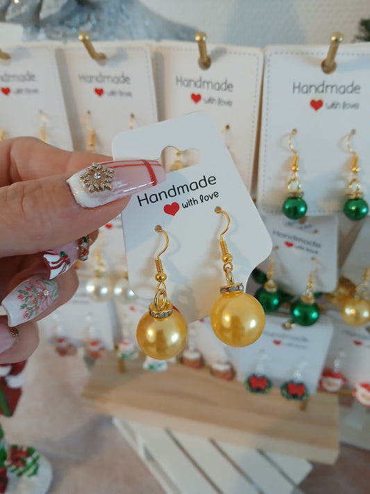 Boucles d’Oreilles Boules de Noel doré – Fait Main