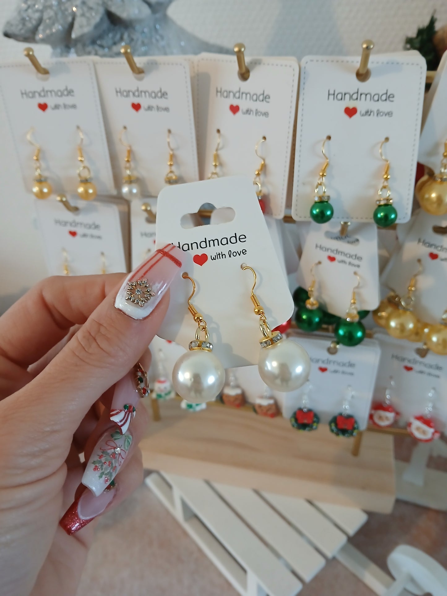 Boucles d’Oreilles Boules de Noel Argenté – Fait Main